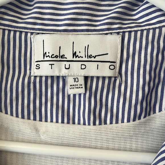 Nicole Miller Studio Blue White Striped Shirt Dress Embroidered Monkeys Size 10 - Picture 7 of 13